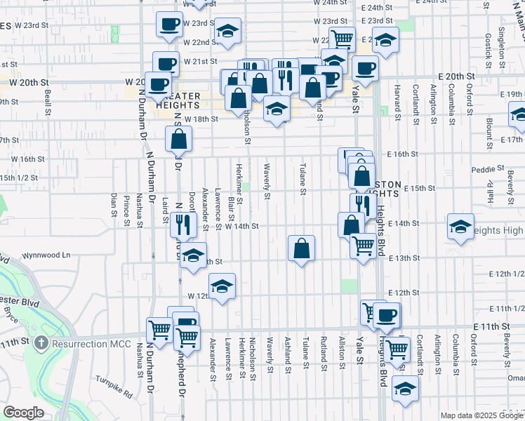 map of restaurants, bars, coffee shops, grocery stores, and more near 1421 Waverly Street in Houston