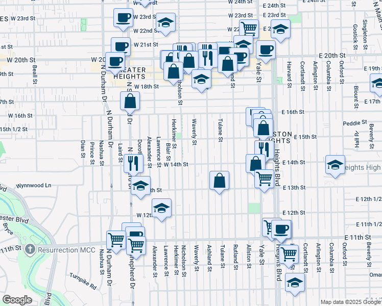 map of restaurants, bars, coffee shops, grocery stores, and more near 1432 Waverly Street in Houston