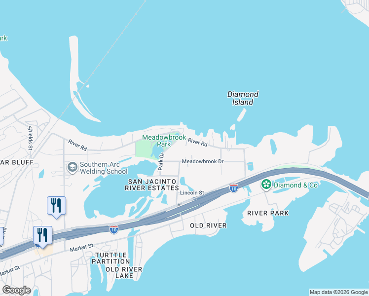 map of restaurants, bars, coffee shops, grocery stores, and more near 17504 River Road in Channelview