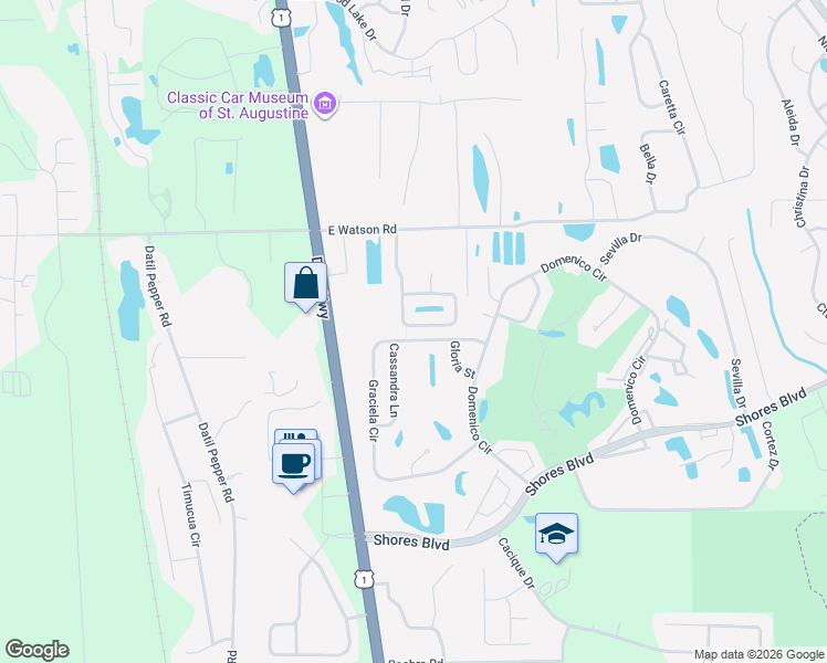map of restaurants, bars, coffee shops, grocery stores, and more near 184 King Arthur Court in St. Augustine