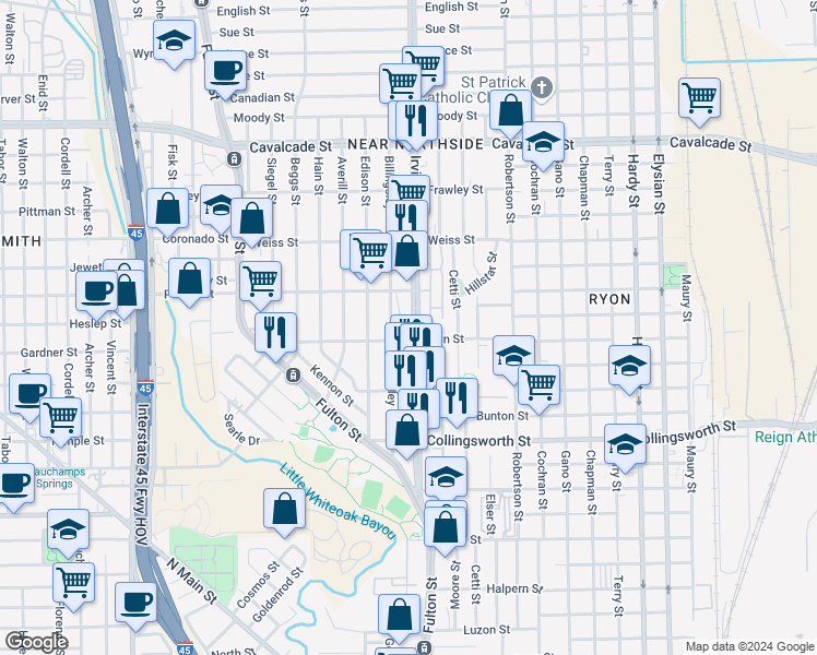 map of restaurants, bars, coffee shops, grocery stores, and more near 4027A Irvington Boulevard in Houston