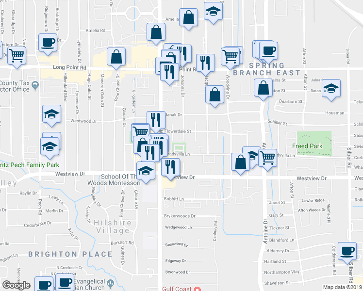 map of restaurants, bars, coffee shops, grocery stores, and more near in Houston