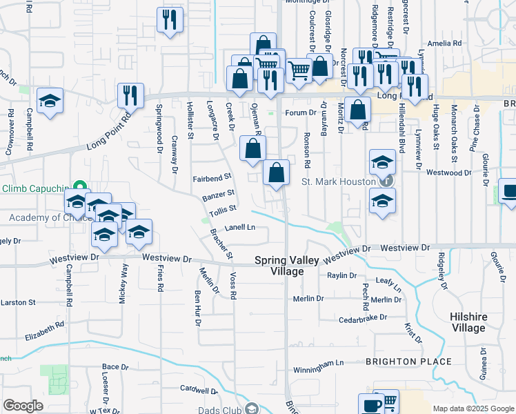 map of restaurants, bars, coffee shops, grocery stores, and more near 1518 Ojeman Road in Houston