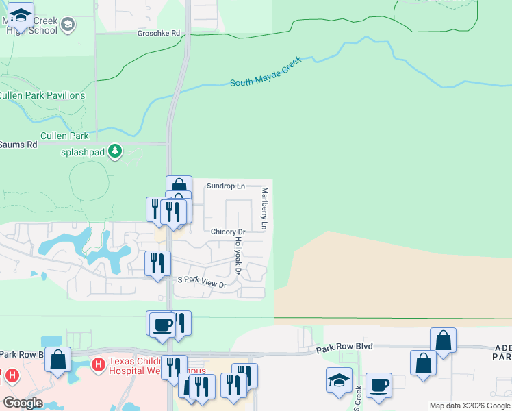 map of restaurants, bars, coffee shops, grocery stores, and more near 17410 Mapletrail Drive in Houston