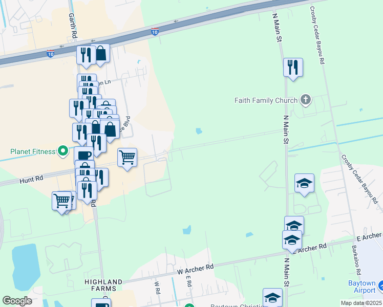 map of restaurants, bars, coffee shops, grocery stores, and more near 703 Hunt Road in Baytown