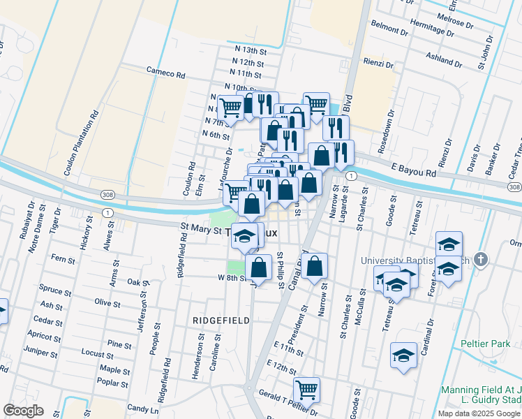 map of restaurants, bars, coffee shops, grocery stores, and more near 311 Jackson Street in Thibodaux