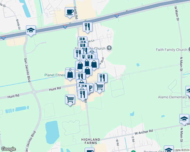 map of restaurants, bars, coffee shops, grocery stores, and more near 6520 Garth Road in Baytown