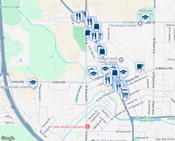 map of restaurants, bars, coffee shops, grocery stores, and more near 240 Schleicher Street in Boerne