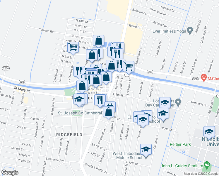 map of restaurants, bars, coffee shops, grocery stores, and more near 401 Patriot Street in Thibodaux