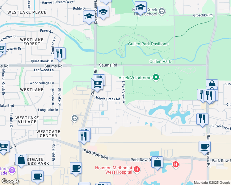 map of restaurants, bars, coffee shops, grocery stores, and more near 18823 Park Key Circle in Houston