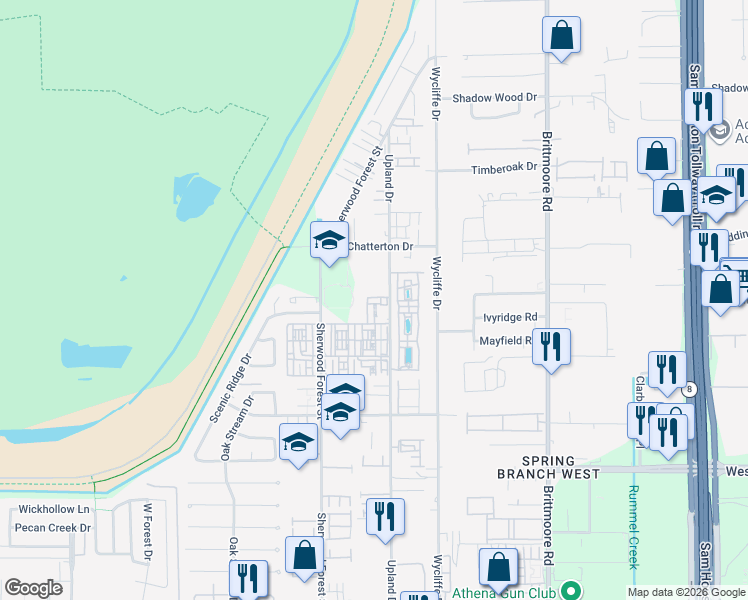 map of restaurants, bars, coffee shops, grocery stores, and more near 1701 Upland Drive in Houston
