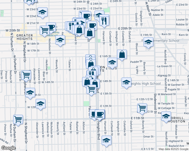 map of restaurants, bars, coffee shops, grocery stores, and more near 1421 Heights Boulevard in Houston