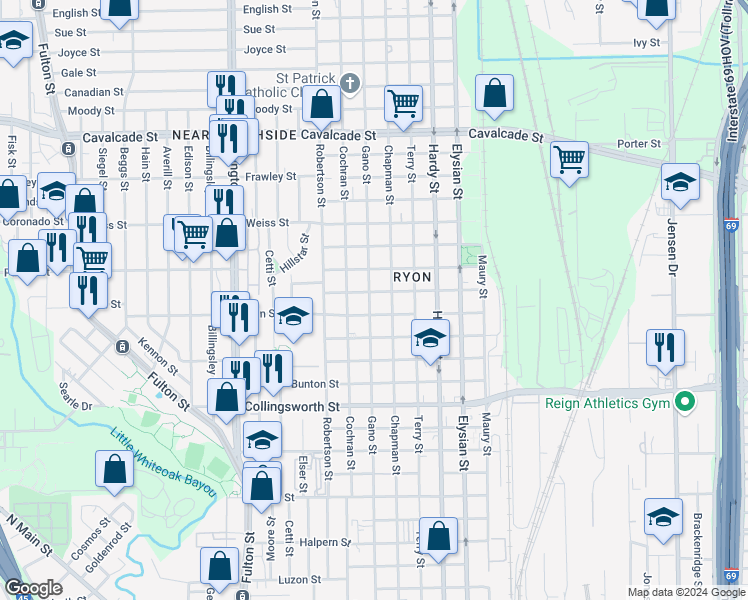 map of restaurants, bars, coffee shops, grocery stores, and more near 4102 Gano Street in Houston