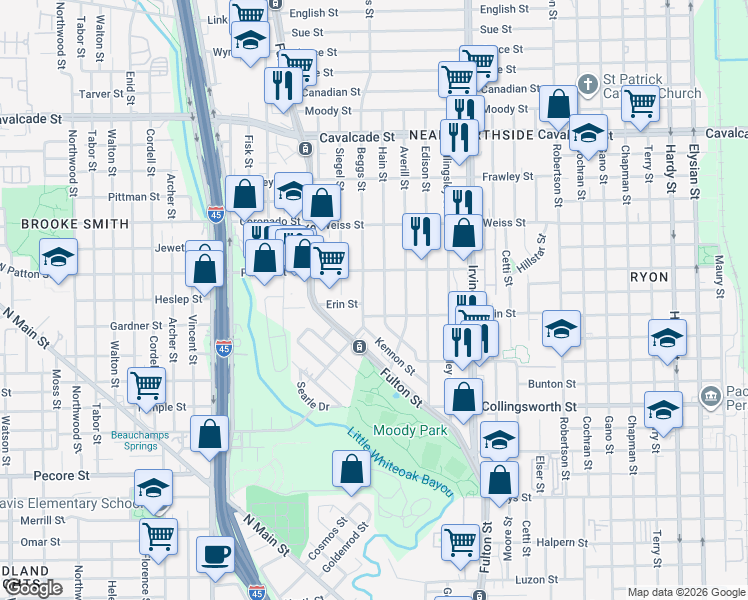 map of restaurants, bars, coffee shops, grocery stores, and more near 4110 Beggs Street in Houston