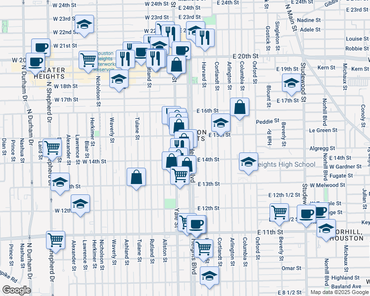 map of restaurants, bars, coffee shops, grocery stores, and more near in Houston
