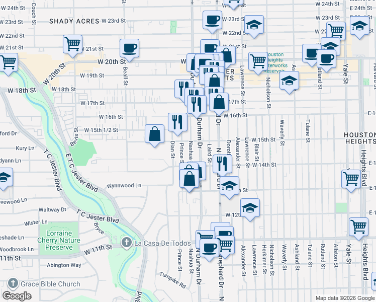 map of restaurants, bars, coffee shops, grocery stores, and more near 1441 North Durham Drive in Houston