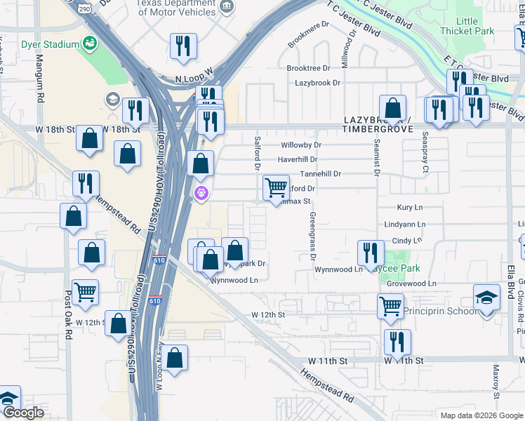 map of restaurants, bars, coffee shops, grocery stores, and more near 2525 Minimax Drive in Houston