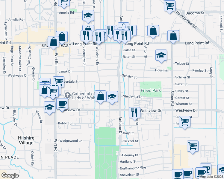 map of restaurants, bars, coffee shops, grocery stores, and more near 1518 Whispering Pines Drive in Houston