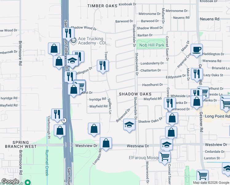 map of restaurants, bars, coffee shops, grocery stores, and more near 10515 Hazelhurst Drive in Houston