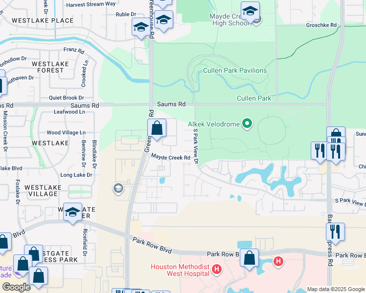 map of restaurants, bars, coffee shops, grocery stores, and more near 18823 Park Key Circle in Houston