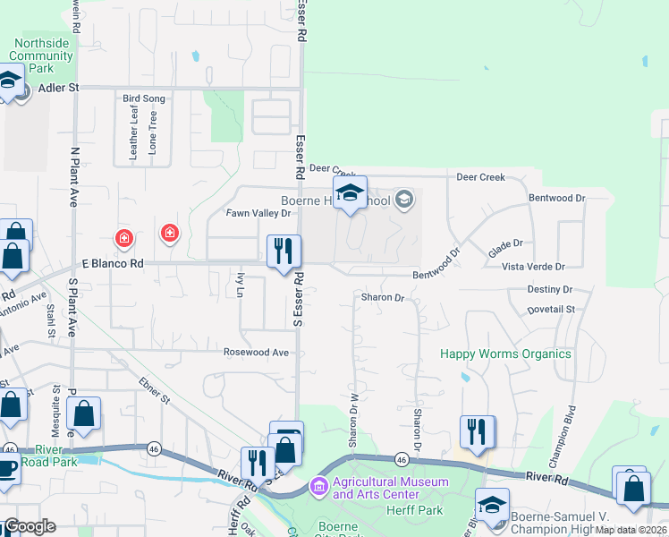 map of restaurants, bars, coffee shops, grocery stores, and more near 126 Bentwood Drive in Boerne