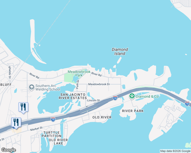 map of restaurants, bars, coffee shops, grocery stores, and more near 17605 River Road in Channelview