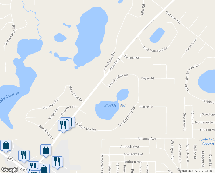 map of restaurants, bars, coffee shops, grocery stores, and more near 6461 Brooklyn Bay Road in Keystone Heights