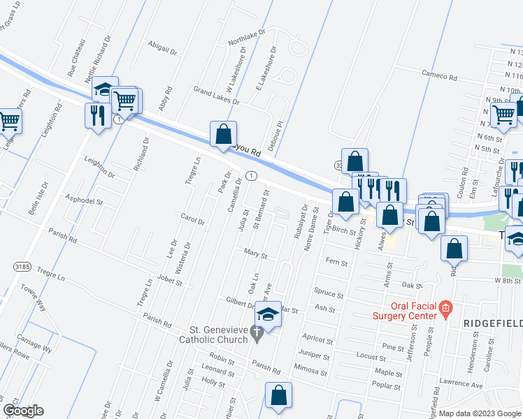 map of restaurants, bars, coffee shops, grocery stores, and more near 199 Saint Bernard Street in Thibodaux