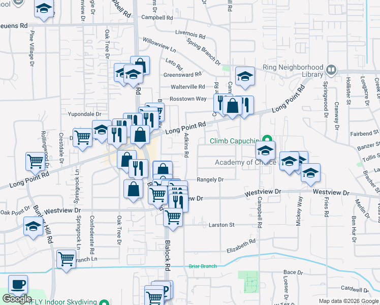 map of restaurants, bars, coffee shops, grocery stores, and more near 1510 Adkins Road in Houston