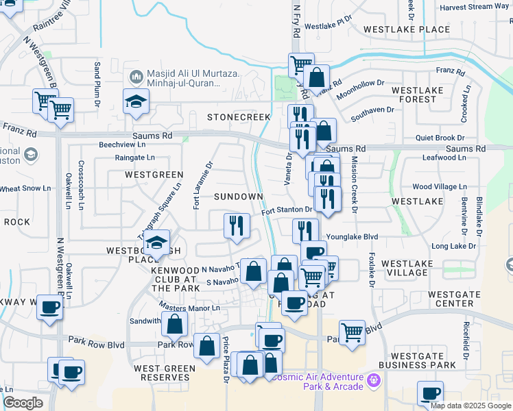 map of restaurants, bars, coffee shops, grocery stores, and more near 19955 Salt River Court in Katy