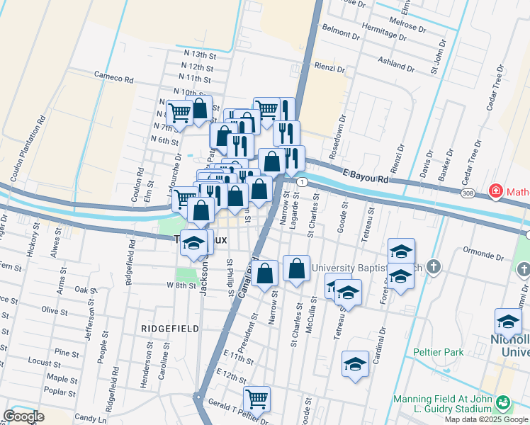 map of restaurants, bars, coffee shops, grocery stores, and more near 201-299 West 3rd Street in Thibodaux