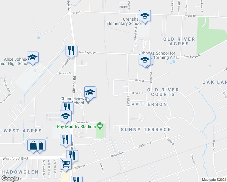 map of restaurants, bars, coffee shops, grocery stores, and more near 1118 Greencroft Street in Channelview