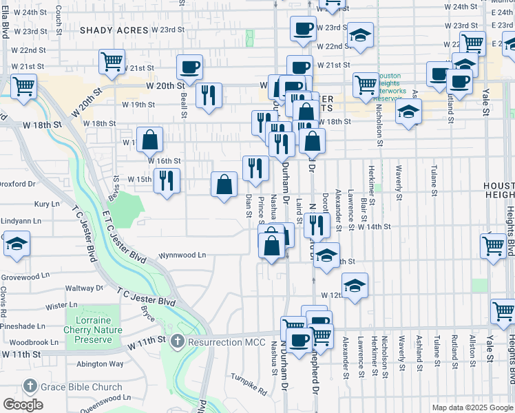 map of restaurants, bars, coffee shops, grocery stores, and more near 1421 Prince Street in Houston