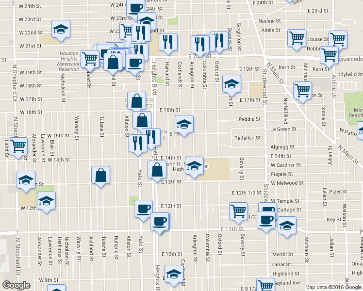 map of restaurants, bars, coffee shops, grocery stores, and more near 1448 Cortlandt Street in Houston