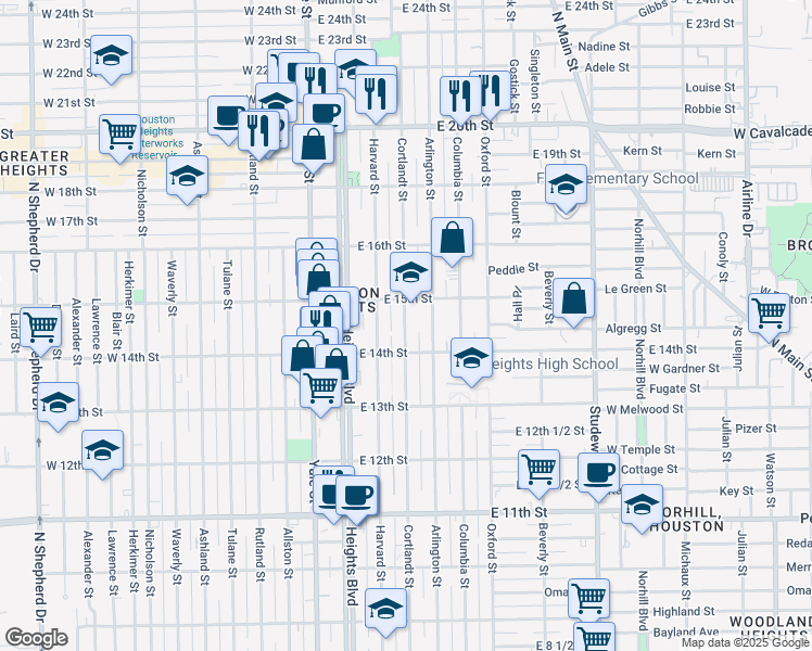 map of restaurants, bars, coffee shops, grocery stores, and more near 1448 Cortlandt Street in Houston