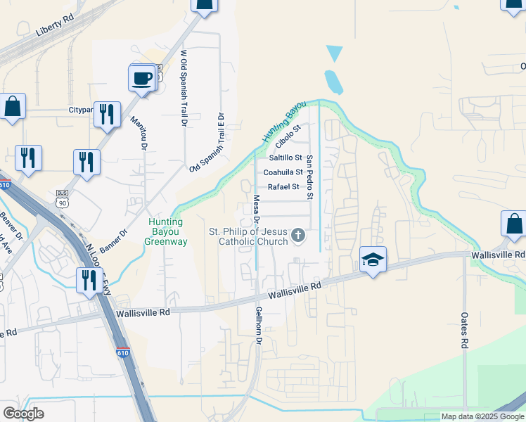 map of restaurants, bars, coffee shops, grocery stores, and more near 9602 Santa Cruz Street in Houston