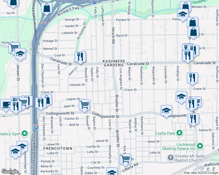 map of restaurants, bars, coffee shops, grocery stores, and more near in Houston