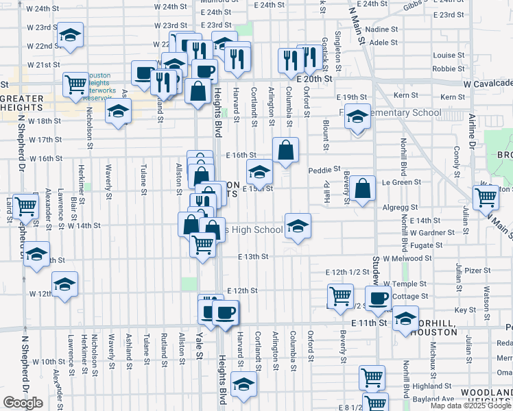 map of restaurants, bars, coffee shops, grocery stores, and more near 1435 Cortlandt Street in Houston