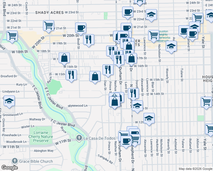 map of restaurants, bars, coffee shops, grocery stores, and more near 1437 Prince Street in Houston
