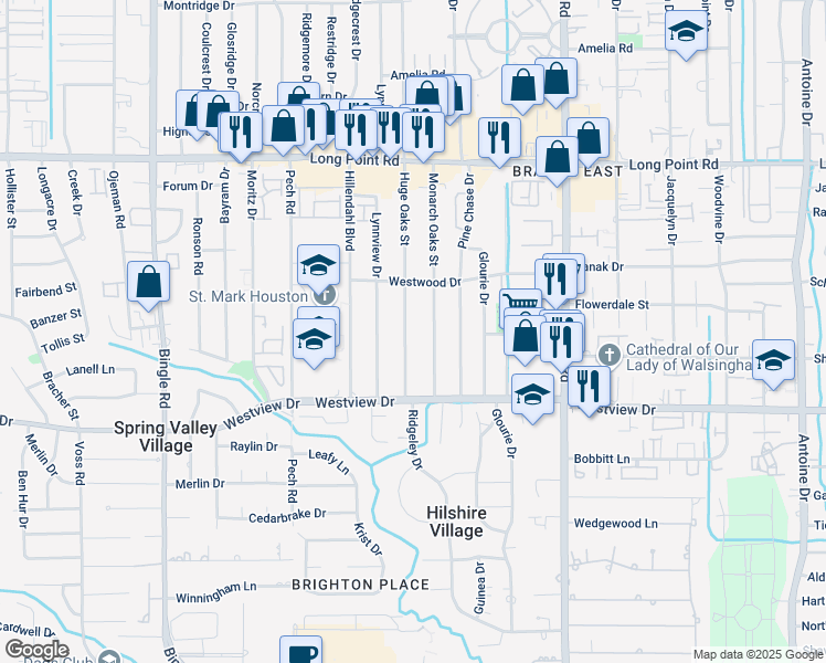 map of restaurants, bars, coffee shops, grocery stores, and more near 1505 Huge Oaks Street in Houston