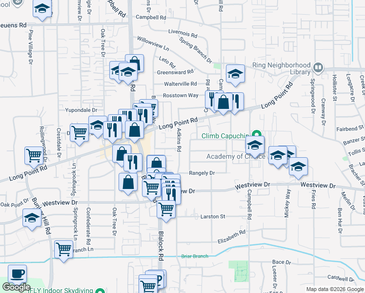 map of restaurants, bars, coffee shops, grocery stores, and more near 1510 Adkins Road in Houston