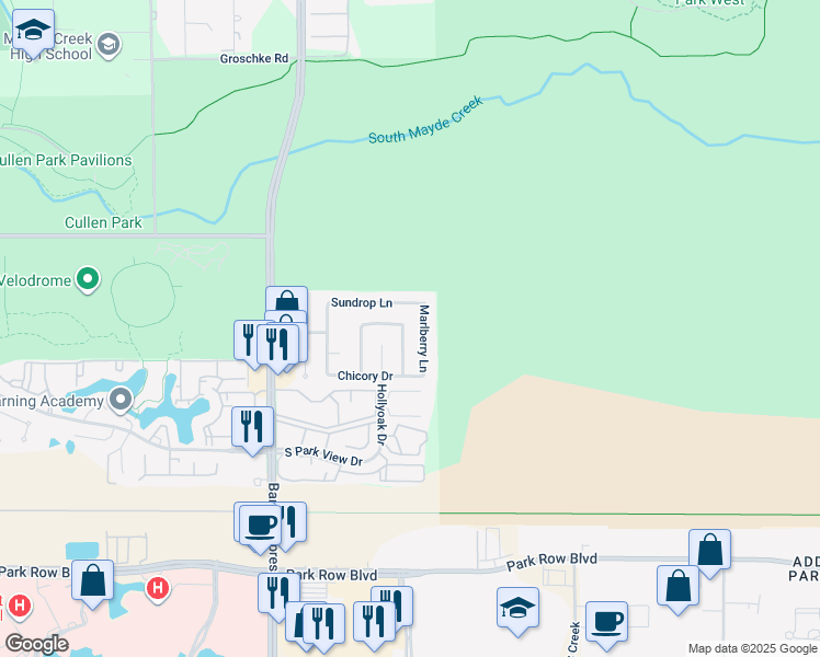 map of restaurants, bars, coffee shops, grocery stores, and more near 17410 Mapletrail Drive in Houston