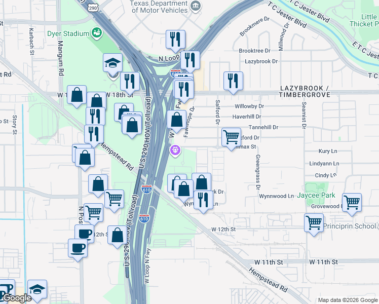 map of restaurants, bars, coffee shops, grocery stores, and more near 2727 Minimax Street in Houston