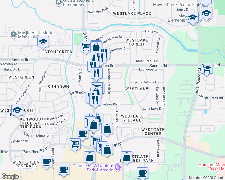map of restaurants, bars, coffee shops, grocery stores, and more near 19615 Ricelake Lane in Houston