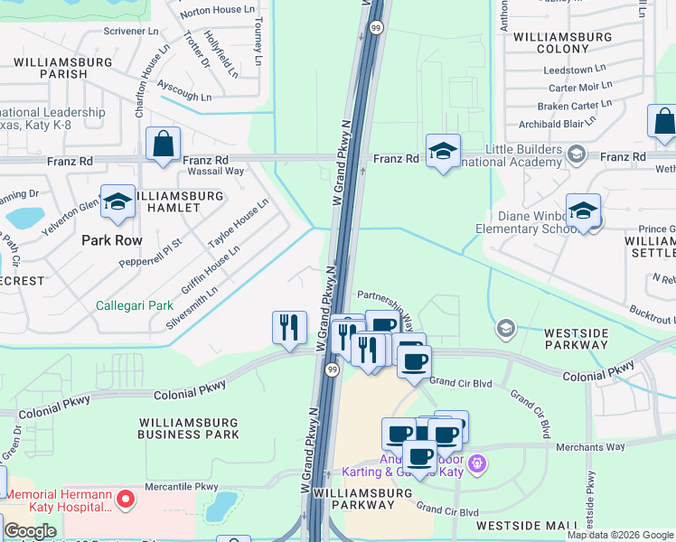 map of restaurants, bars, coffee shops, grocery stores, and more near Grand Parkway in Katy