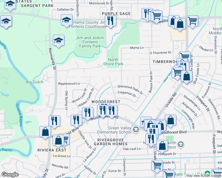 map of restaurants, bars, coffee shops, grocery stores, and more near 13103 Sherwood Oaks Drive in Houston