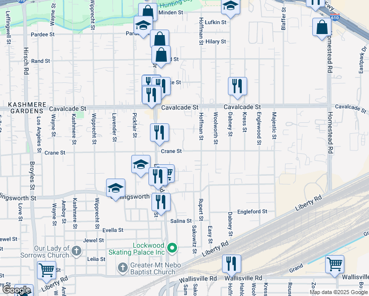 map of restaurants, bars, coffee shops, grocery stores, and more near 5111 Crane Street in Houston
