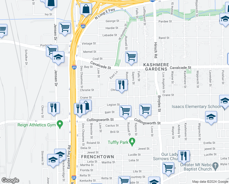 map of restaurants, bars, coffee shops, grocery stores, and more near 3610 Christie Street in Houston