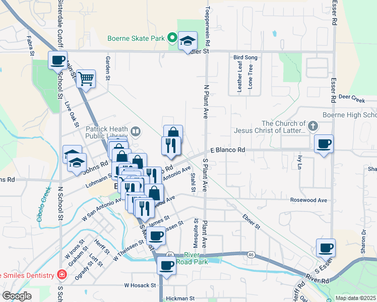 map of restaurants, bars, coffee shops, grocery stores, and more near 112 Becker Street in Boerne