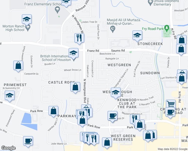 map of restaurants, bars, coffee shops, grocery stores, and more near 2018 Crosscoach Lane in Katy